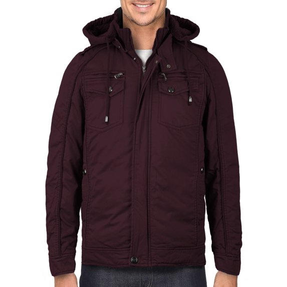 Maximos Men's Premium Hooded Multi Pocket Sherpa Lined Bomber Jacket Sahara-01 (Burgundy,L)
