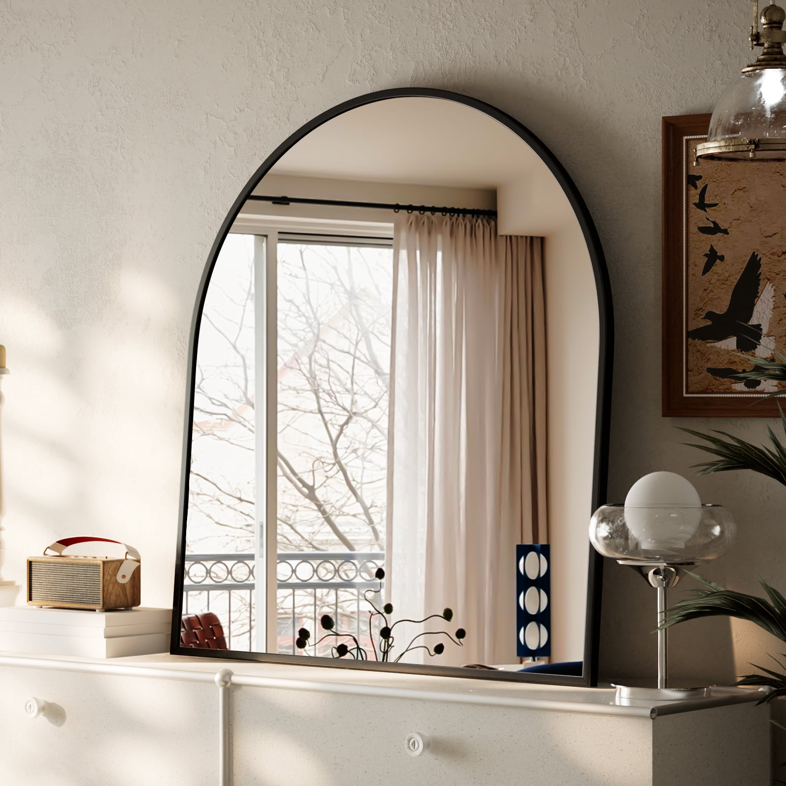 GRAHMCY 34"x32" Arched Bathroom Mirror Wall Mirror With Aluminum Alloy Frame, Black