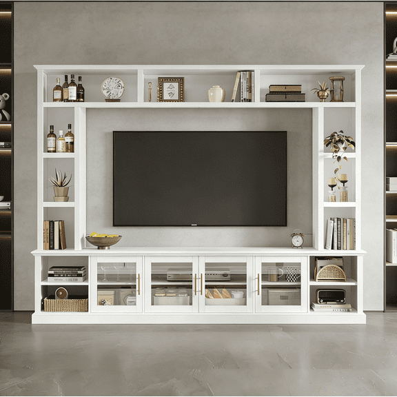 All-in-One Entertainment Center Wall Unit for TVs up to 80" | Modern TV Console with Bookshelves & Tempered Glass Doors for Living Room, Media Room, Home Theater