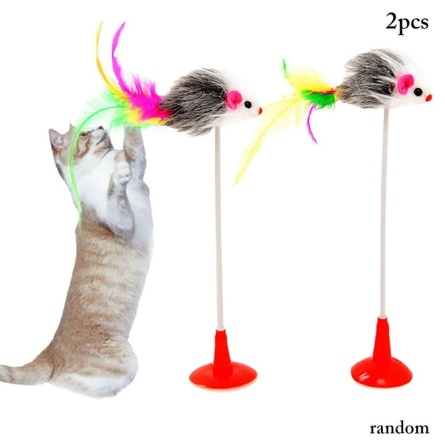 2 Pcs Baguette à Chat Mignonne Fausse Plume Souris Ressort Ventouse Jouet pour Chat