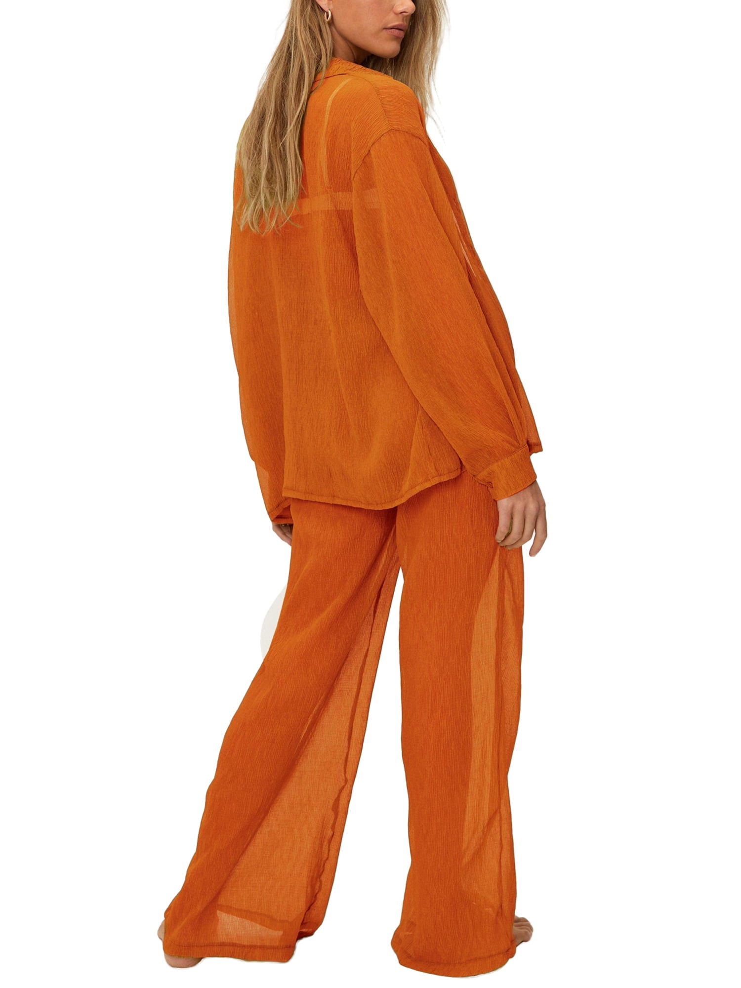 Fashion (Orange)Ruffle Women Beach Mesh Pants Sheer Wide Leg Pants