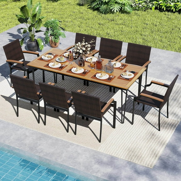 Costway 9PCS Patio Dining Set with 79” Rectangular Dining Table & 8 Stackable Rattan Chairs