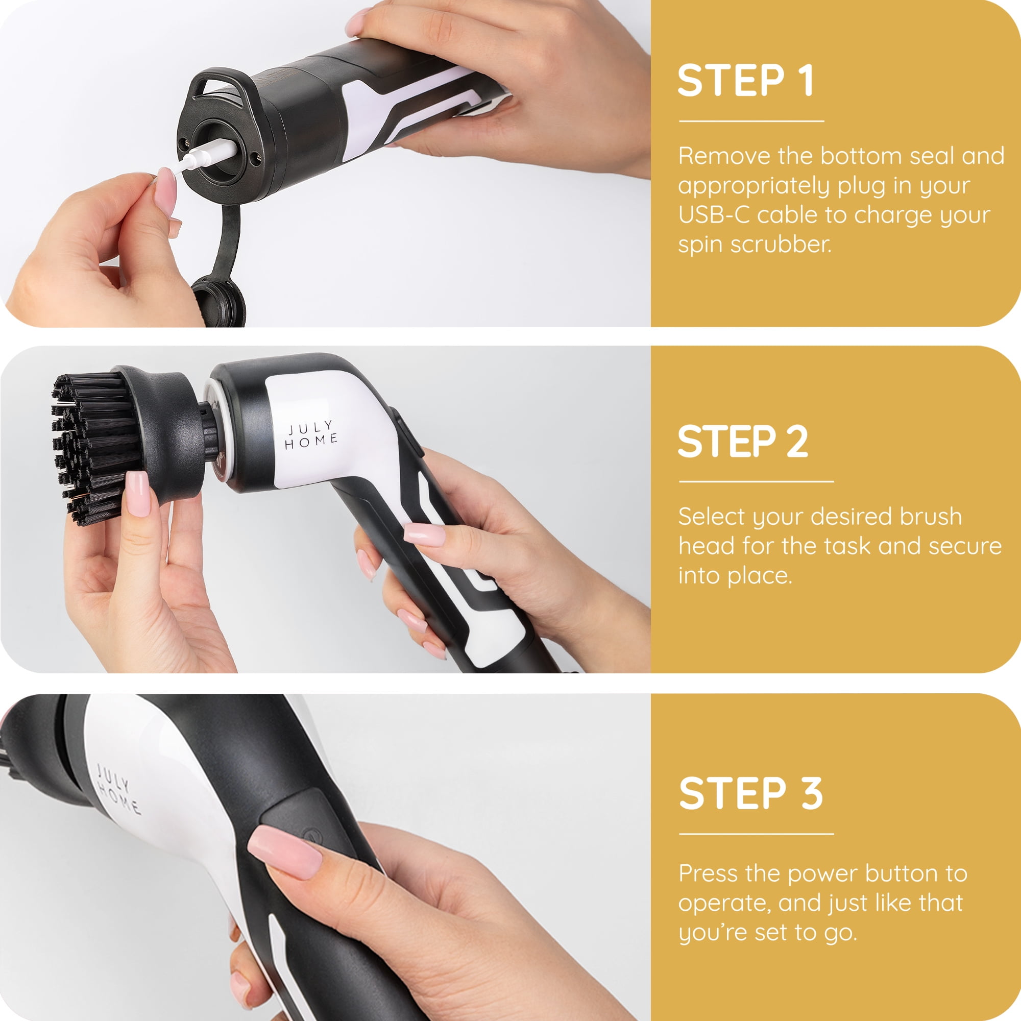 JULY HOME Handheld Electric Spin Scrubber, Cordless Automatic Power Scrubber for Shower, Cleaner for Tile, Grill, Dish, Sink, Shower Scrubber with 3 Brush Heads (White)