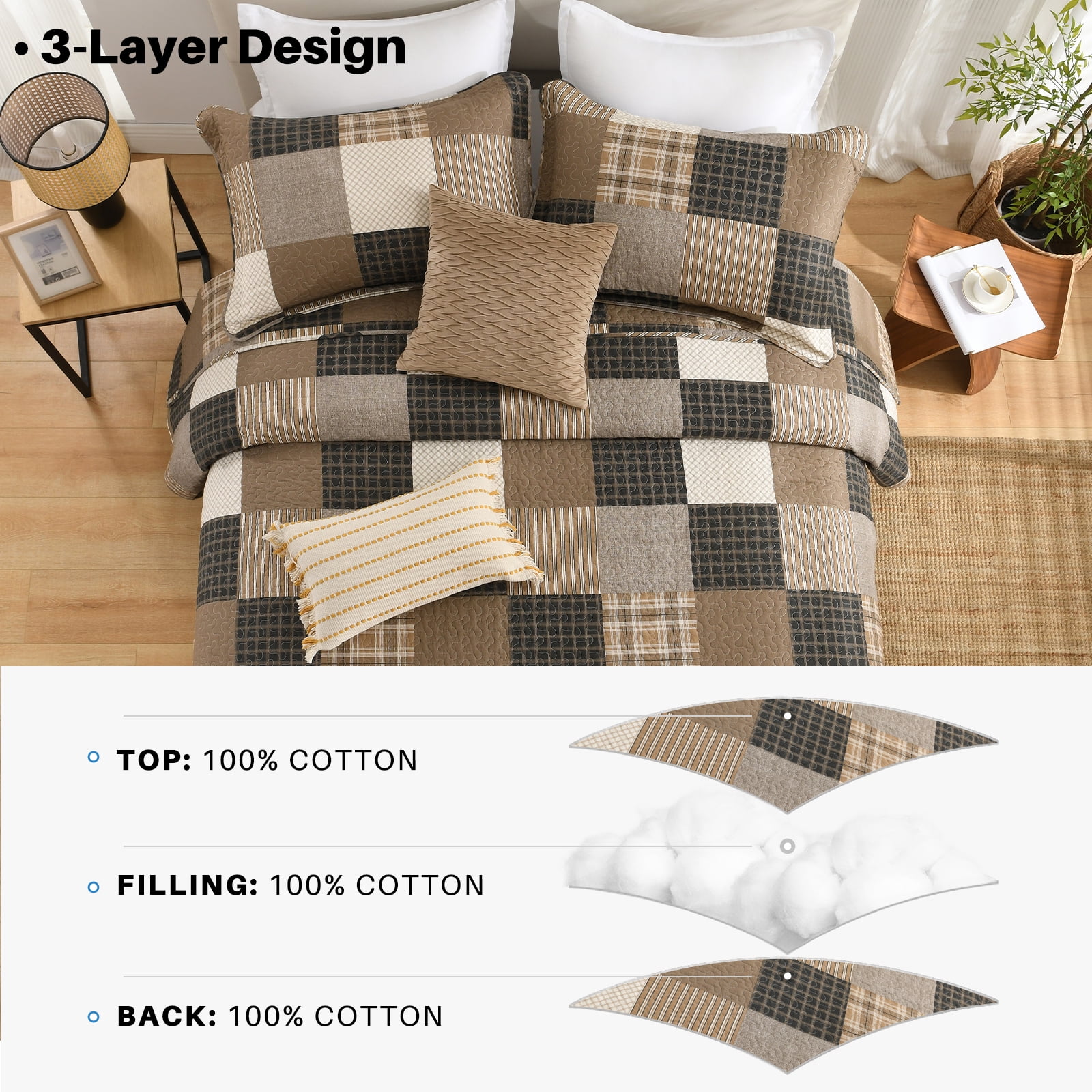 Bedduvit Farmhouse Plaid Queen Size Quilt - 100% Cotton Brown Gray Black Patchwork Quilts Bedspread for Queen Bed, Cabin Rustic Lightweight Reversible Quilt Set, All-Season 3-Piece Bedding Set, 98x90