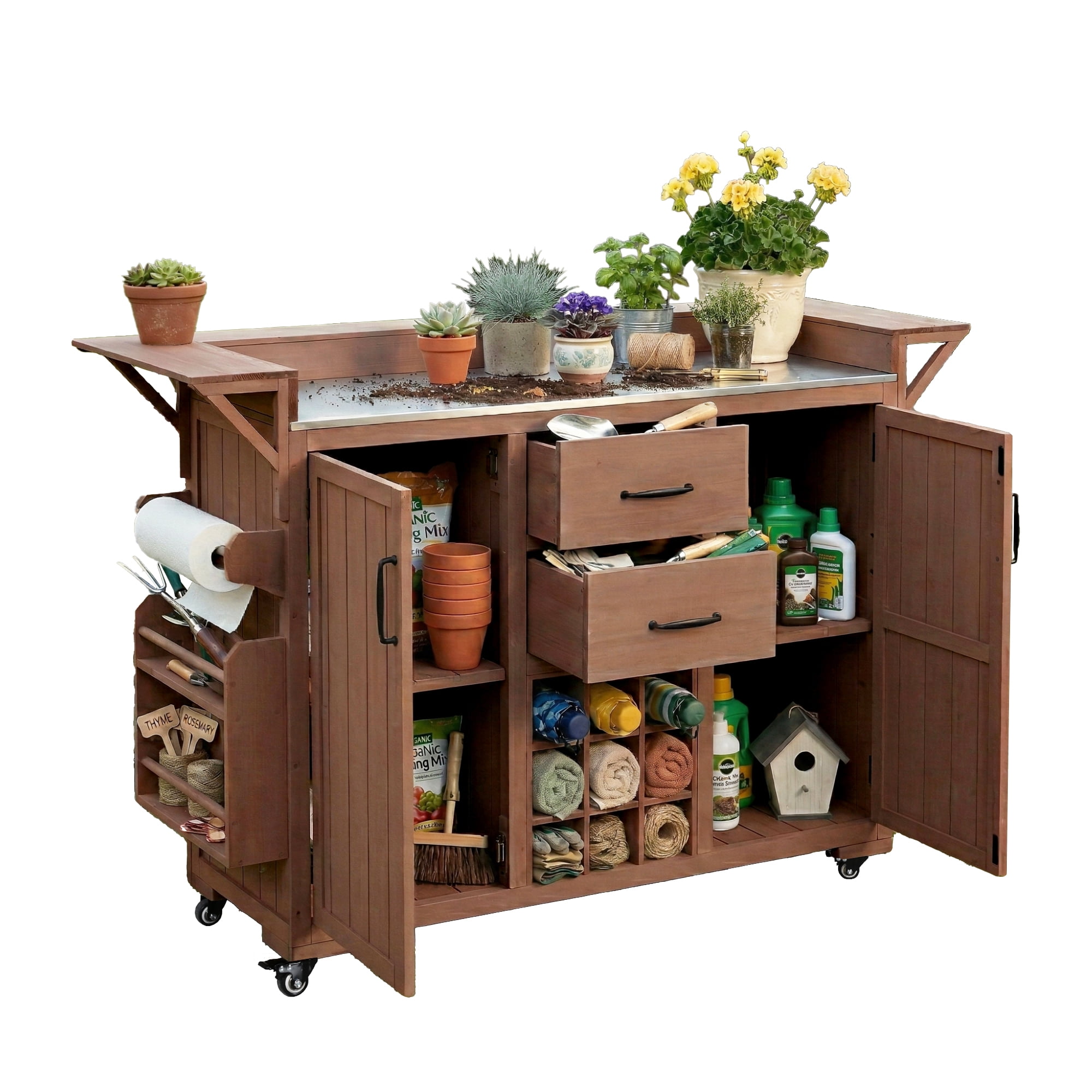 Modern 60.2" Outdoor Kitchen Island with Wheels, Rolling Kitchen Island with Stainless Steel Top & Wine Rack, Patio BBQ Kitchen Cart with Spice Rack & 2 Drawers, Brown