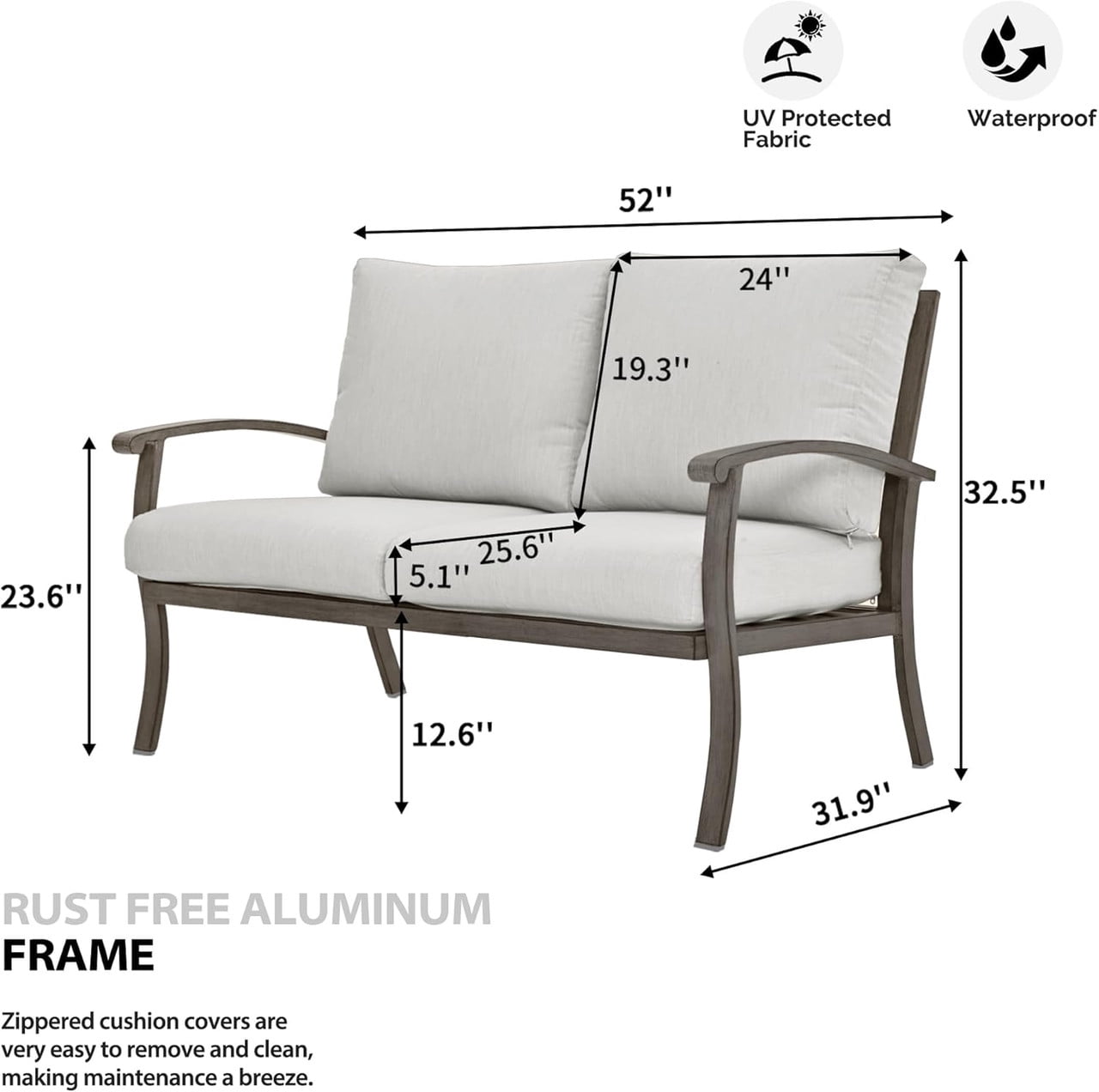 Howcool Outdoor All-Weather Loveseat with Cushion, Aluminum Frame Sofa Chair with Armrest