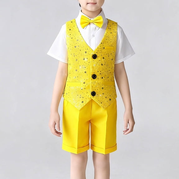 Boys Suit Dress Clothes 4 Piece Sequin Vest Short Sleeve Shirt Shorts and Bow Tie Sets Wedding Ring Bearer Outfits Yellow 14-15Years