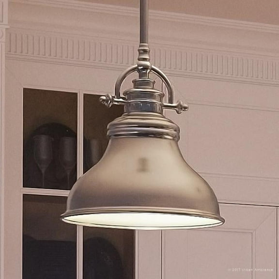 Urban Ambiance Luxury Industrial Indoor Hanging Pendant Light, Small Size: 9"H x 8"W, with Americana Style Elements, Nostalgic Design, Pretty Brushed Nickel Finish and Steel Shade, UQL2289