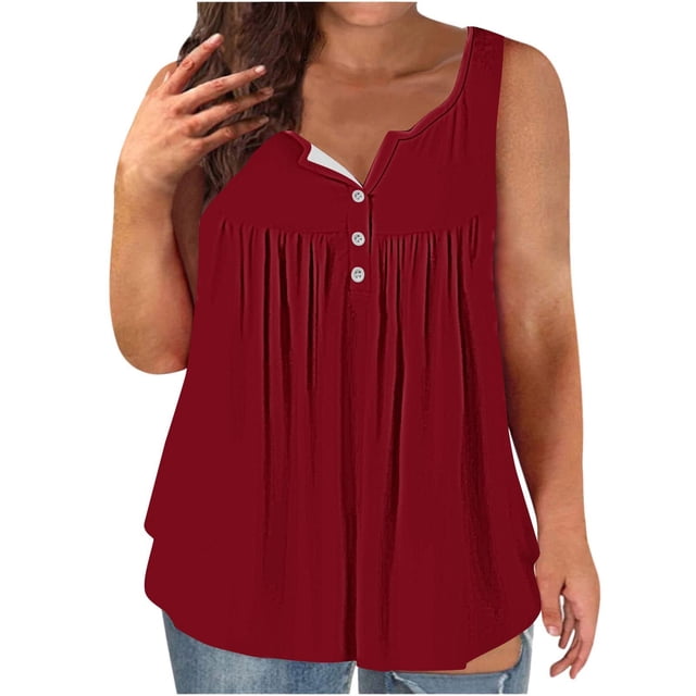 Plebaso Womens Plus Size Tank Tops Button up Sleeveless Shirts Casual Pleated Summer Flowy Blouses for Women
