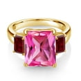 thumbnail image 2 of Gem Stone King 8.20 Ct Pink Created Sapphire Red Garnet 18K Yellow Gold Plated Silver 3-Stone Ring (Size 9), 2 of 3
