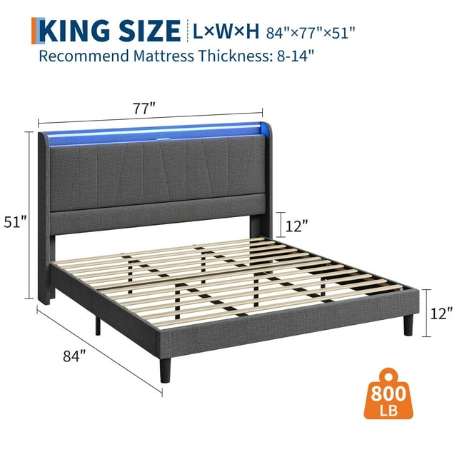 EDTara Bed Frame with Charging Station and LED Lights, Modern Platform Bed with Wooden Slats, Upholstered Headboard, No Box Spring Needed, Easy Assembly