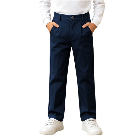 Plebaso Boys Basic School Uniform Pants High Waist Straight Leg Pull on Trousers Casual Kids Pants with Pockets