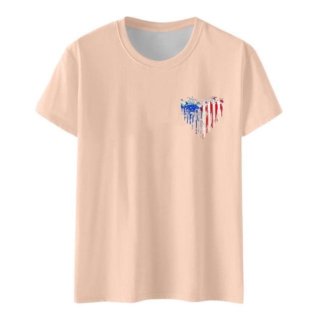 Hauts d'Été pour Femmes Jour de l'Indépendance Drapeau Col Rond Imprimé Lettre Manches Courtes T-Shirts pour Femmes Beige TG
