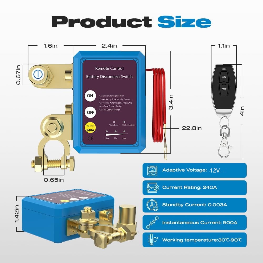 Furulu 12v 240A Car Battery Disconnect Switch Automatic Cut Off Wireless Remote Control
