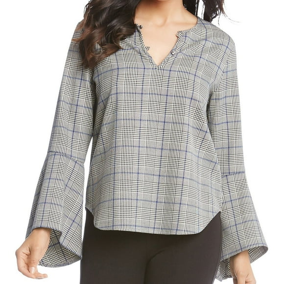 Karen Kane Womens Plaid Bell Sleeved Pullover Blouse, Grey, Medium