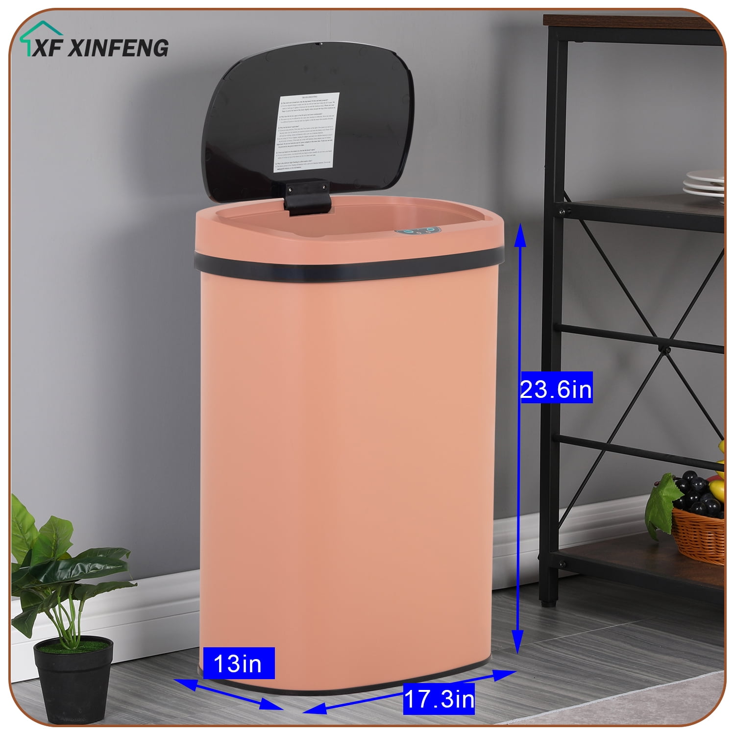 XF XINFENG 13 Gallon 50 Liter Garbage Can Kitchen Trash Can with Lid Automatic Sensor Touch Free Stainless Steel Waste Bin for Bathroom/Bedroom/Home/Office, Pink
