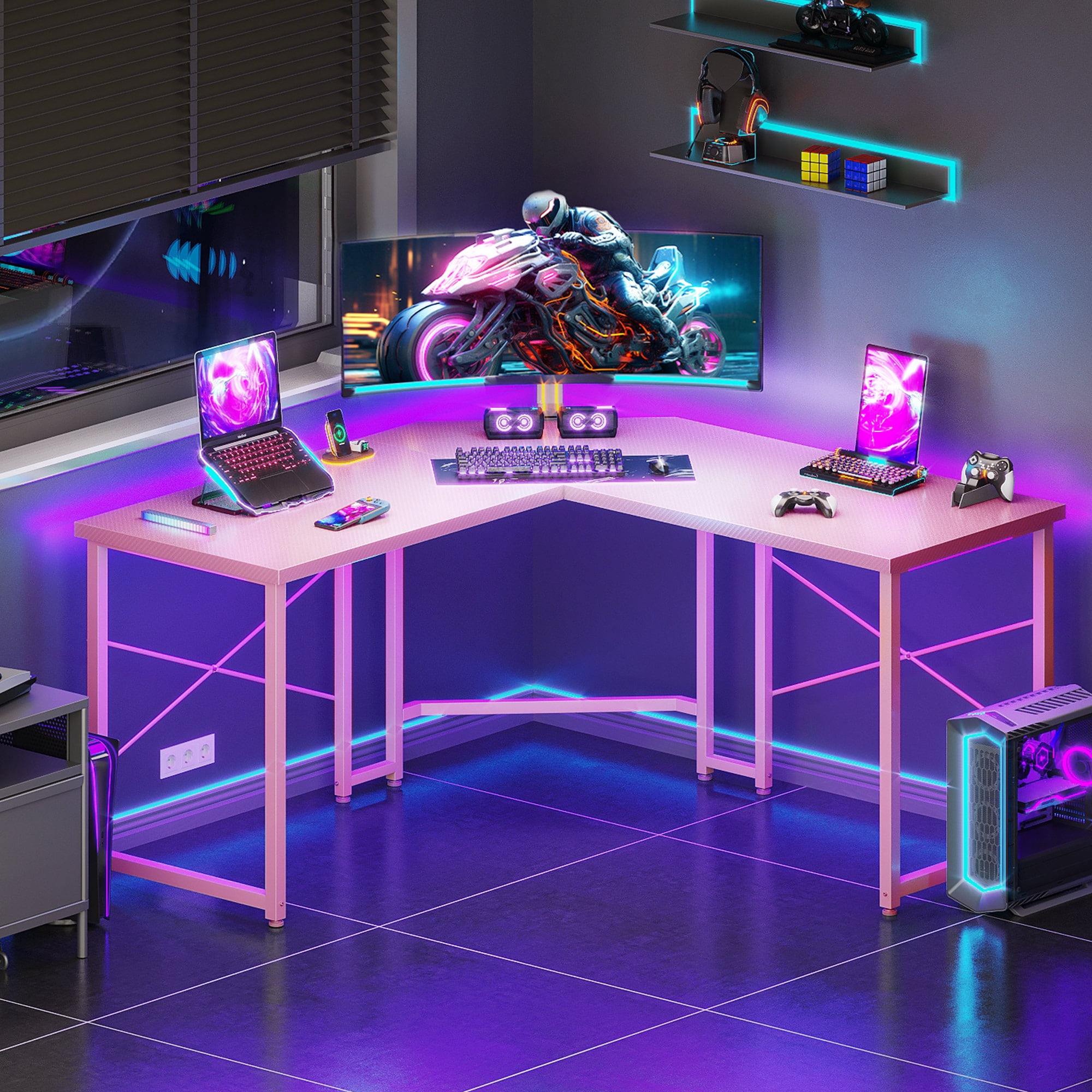 Casacomoda Computer Desk L Shaped, 51 Inch Reversible L Shaped Desk, Gaming Desk, Home Office Desk, Pink