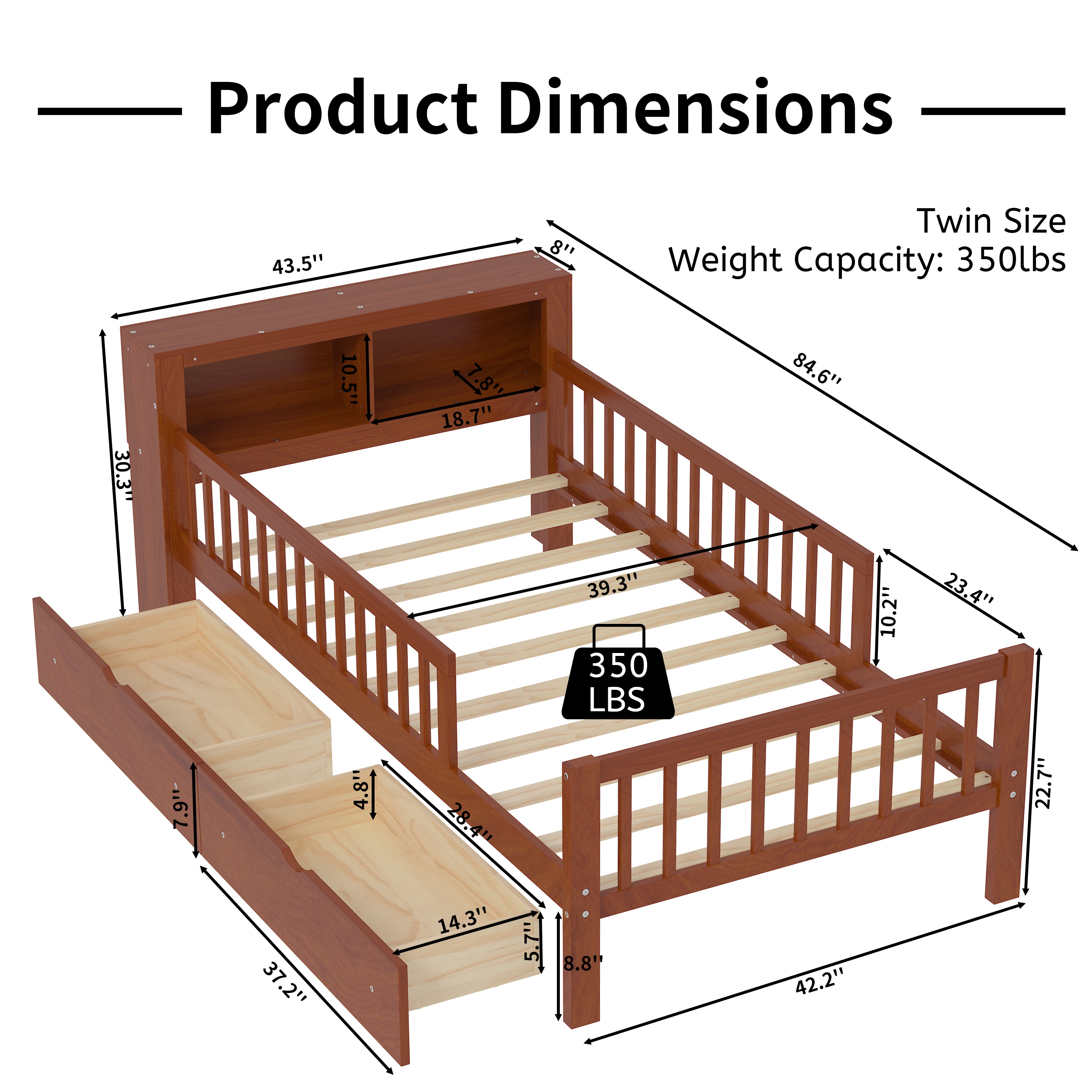 Twin Bed Frame for Kids, SHINPT Twin Size Bed Frame with Headboard Storage Rack, Storage Bed Frame with Two Under-Bed Drawers, Bed for Kids with three-Side Guardrails, White, Pink, Gray, Walnut