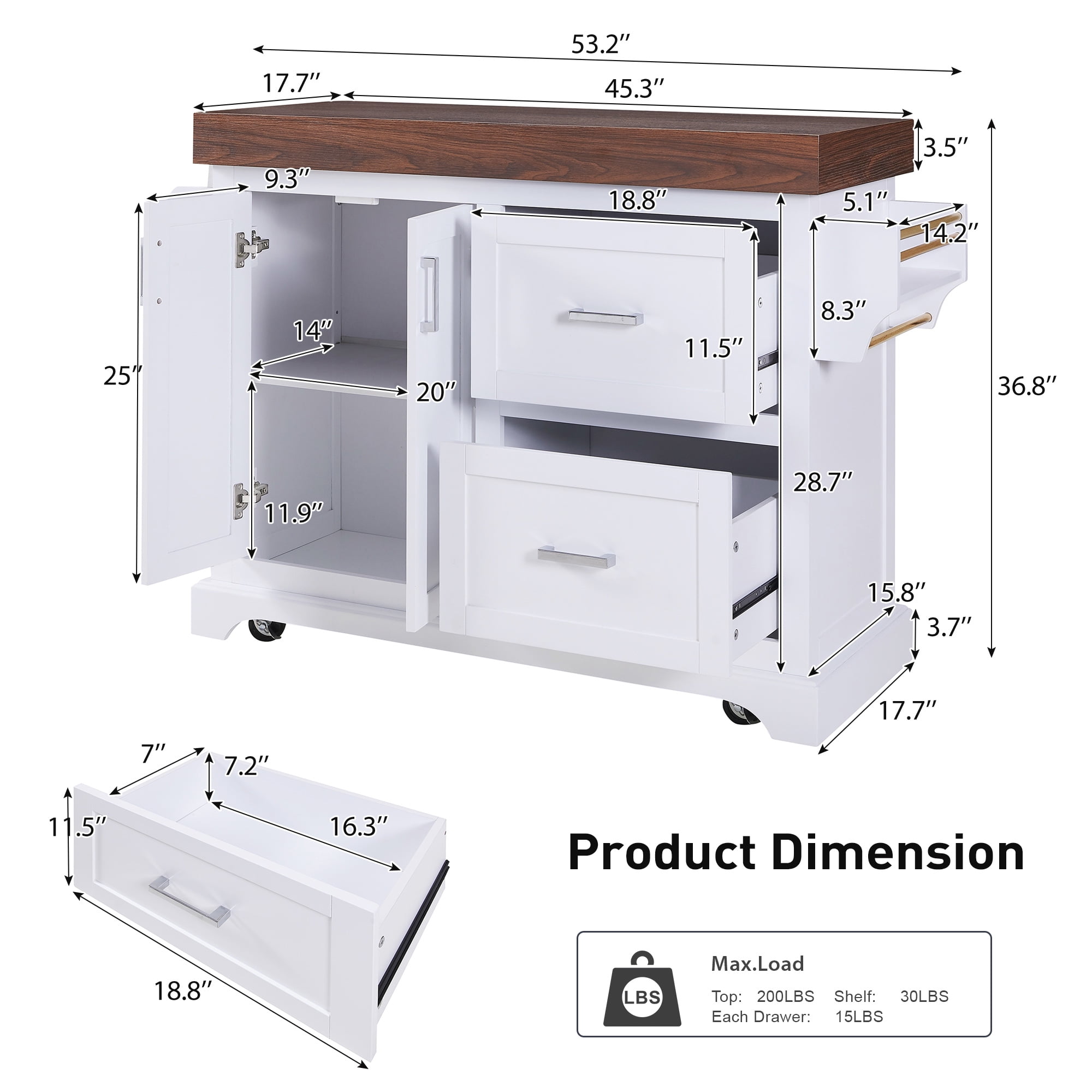 Alvantor Large Kitchen Island with Drop Leaf, 53" W Rolling Kitchen Cart with 3.5" Thick Desktop for Dining Room White
