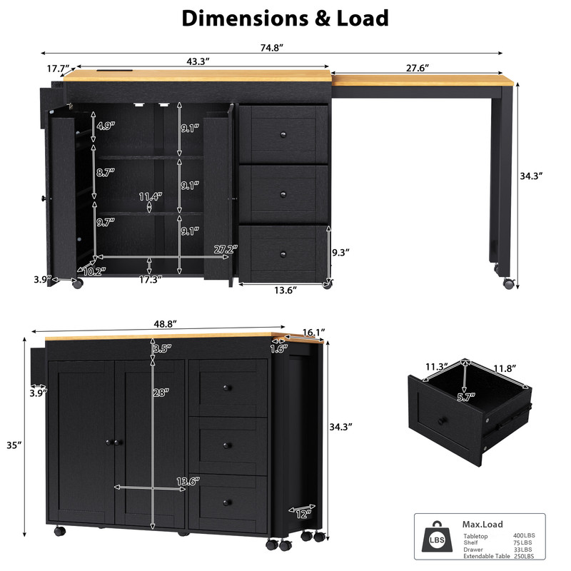 2-In-1 Kitchen Island with Extendable Dining Table, Kitchen Storage Serving Cart with Drawers, Racks & Power Outlet