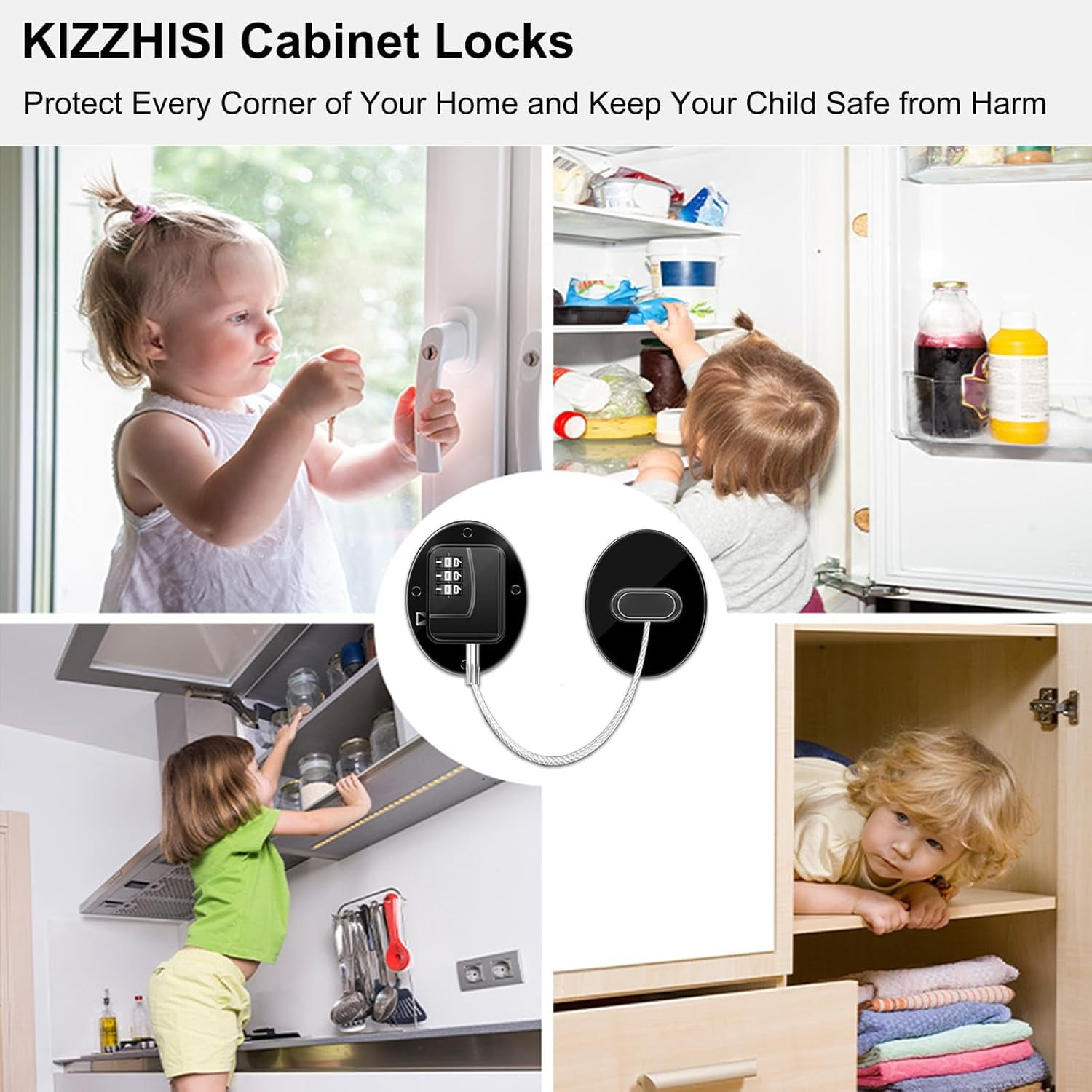 ABCISI Heavy Duty Combination Refrigerator Lock (4 Pack) - Fridge Lock for Fridge, Cabinets, Drawers, Window and Cabinet Locks Baby Proofing, Strong Non-Marking Adhesive No Drilling (Black)