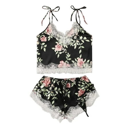 

Mackneog Sleep Dress for Women 3PC Women Satin Lace Silk Camisole Shorts Thong Set Printing Pajamas Lingerie Polyester Lace Thong Plus Size Panties