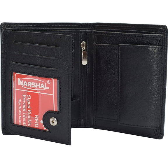 Marshal Men's Genuine Leather Hipster Style Bifold Trifold RFID Blocking Wallet with ID Window Black