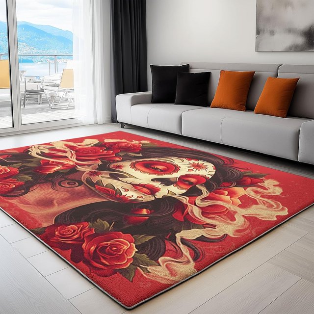 Area Rugs Plant Rose Woman Skull Shape 3 x 4 ft Non Slip Washable Living Room Carpet, Printed Low-Pile Water-Resistant Rug Red, for Living Room Bedroom Kitchen, Runner Home Decor Area Rug