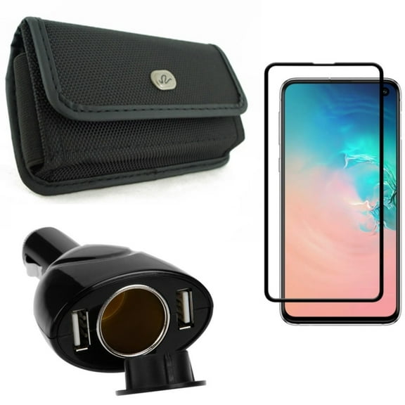 Galaxy S10e Case Belt Clip w Screen Protector w Car Charger - Rugged Holster Canvas, Tempered Glass 5D Curved Edge, DC Socket 2-Port USB Power for Samsung Galaxy S10e Phone