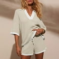 thumbnail image 5 of Breezora Women's Striped Knit Two Piece Set V Neck Sweater Top with Comfortable High Waisted Shorts Casual Outfit L Size Beige, 5 of 9