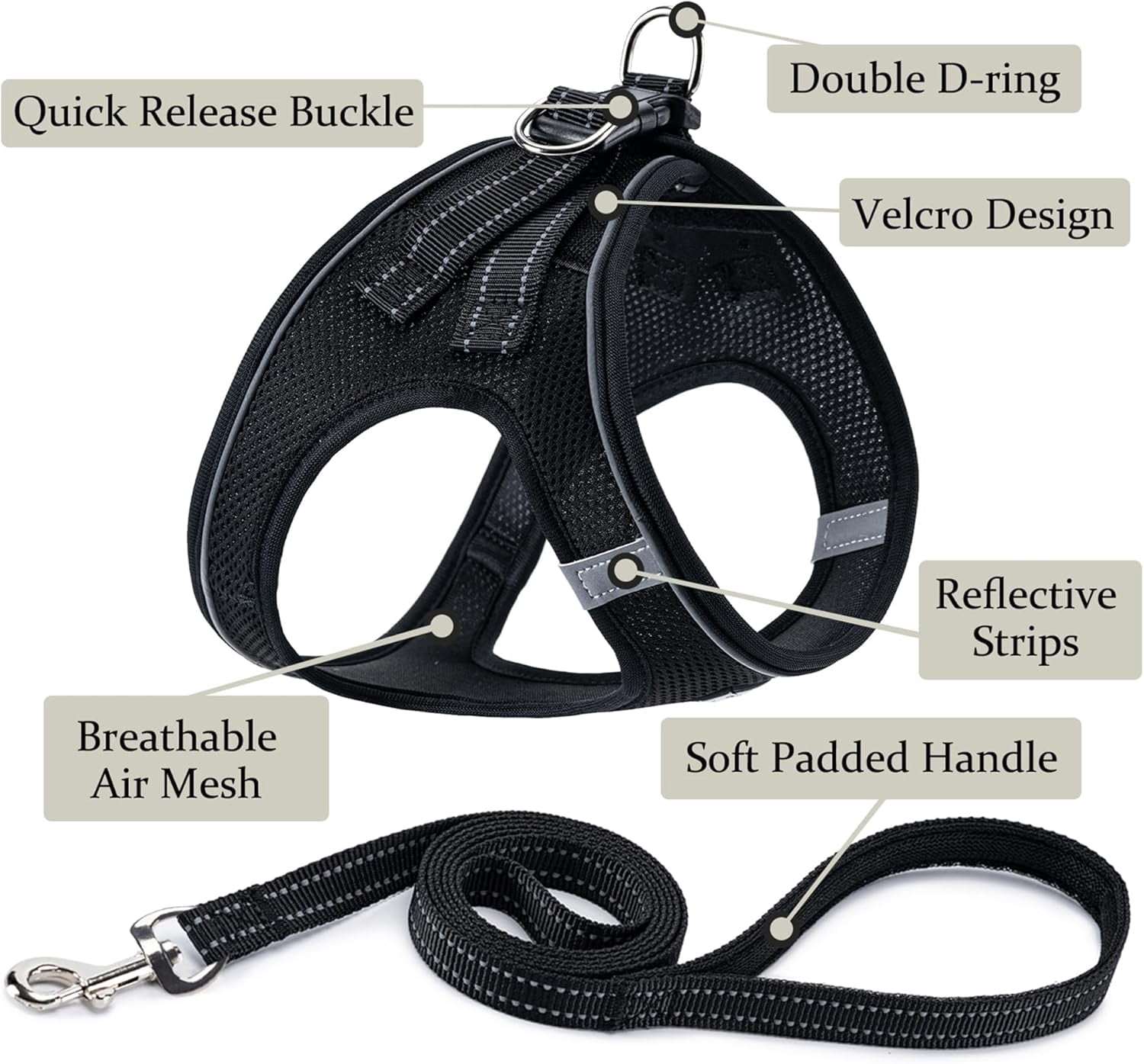 General Dog Harness with Leash Set, No Pull Adjustable Reflective Step-in Puppy Pet Vest Harnesses for Small Medium Large Dogs and Cats,Black L