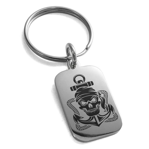 Stainless Steel Jolly Roger Pirate Skull Rope & Anchor Engraved Small Rectangle Dog Tag Charm Keychain Keyring
