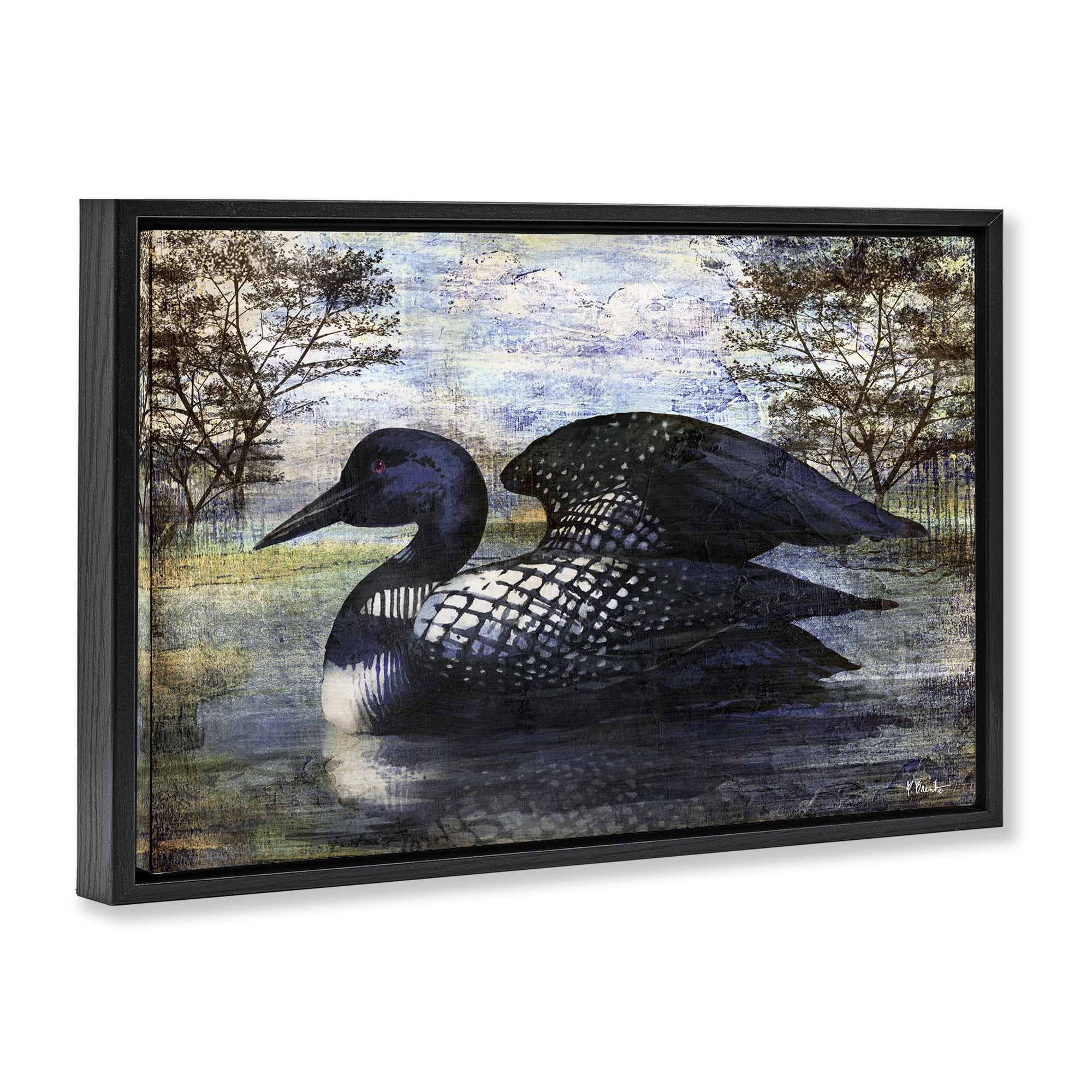 Stupell Industries Loon in Rustic Pond Animals Painting Black Floater Framed Canvas Art Print Wall Art, 31 x 21