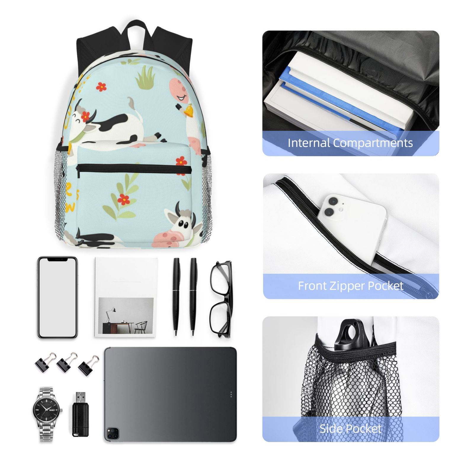 Vsdgher Cute Cows Print Unisex Large Capacity Bookbag Schoolbag Casual Daypack for High School/College/Teens/Travel/Work