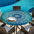thumbnail image 6 of Teal Blue Boho Round Tablecloth, Fitted Table Cover with Elastic for 55"-60" Round Tables, Retro White Rustic Flower Ethnic Pattern Table Cloth Outdoor Indoor Dinning Party Waterproof Tablecloths, 6 of 7