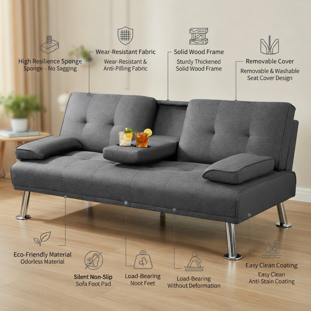 Hommoo Convertible Futon Sofa Bed with 2 Cup Holders – Linen Fabric, Iron & Pine Wood Frame, 3-Position Adjustable (Dark Gray)