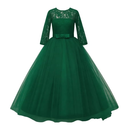 oqasdz Girls Dresses Kids Long Sleeve Stage Show Formal Flower Lace Dress Child Solid Bowknot Gown Party Wedding Dress