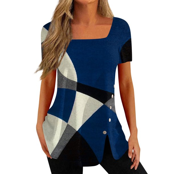 Gibobby Playera de Verano para Mujer Tops verano para mujer, camiseta informal con cuello cuadrado y manga corta con botones y abertura, camiseta, Tops,(Azul oscuro,M)