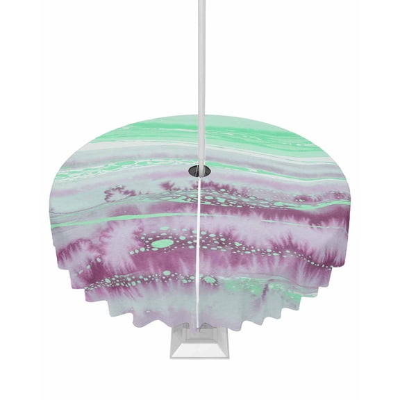 Outdoor Tablecloth with Umbrella Hole for Patio/Picnic/Party/Camping, Green Purple Ombre Waterproof Table Cloth Round Cover Washable, Abstract Modern Art Fluid Striped Dia 60"