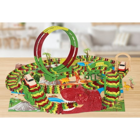 Kid Connection Dinosaur Park Track Set - Dino World, Flexible Race Track, Vehicles & Dinosaurs Included