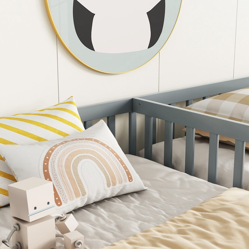 Mirightone Floor Bed for 2 , Wooden Double Twin Bed for Two , Box Spring Needed,Montessori Bed Frame with Fence Railings,&nbsp;Grey