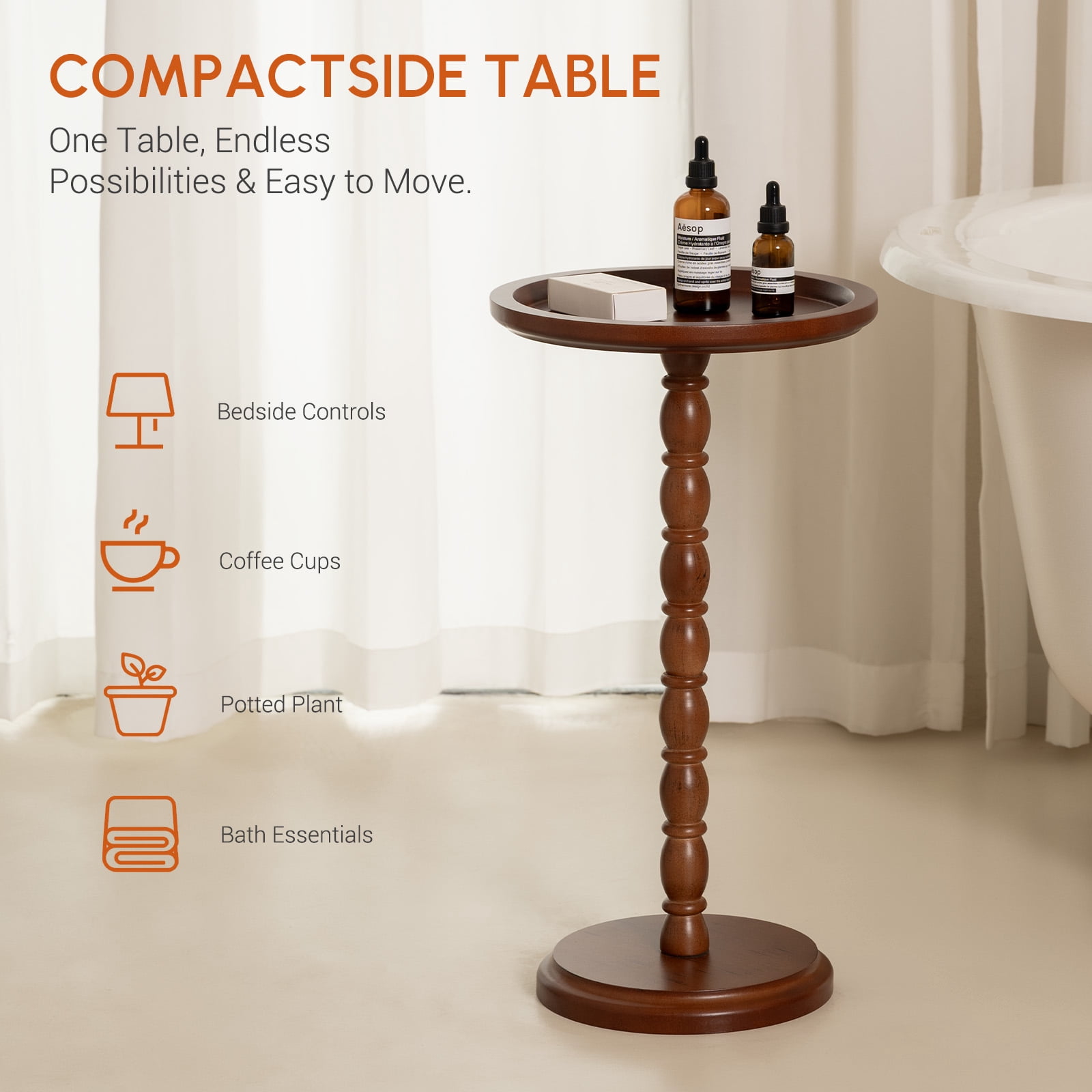 Hearthlight Home Round Side Table, Small Drink Table End Table with Solid Wood Leg for Living Room Bedroom Office,Brown,12inch