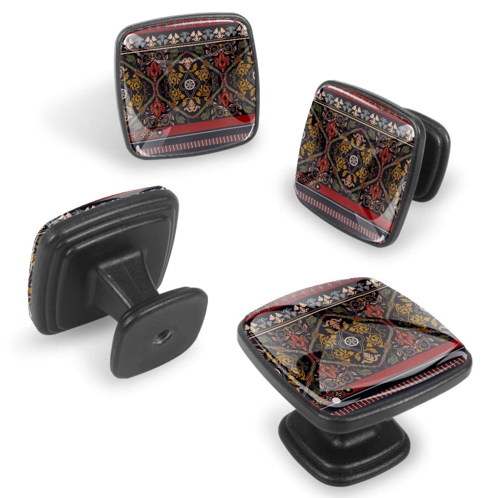 4 Pcs Cabinet Handle Drawer Pulls Chinese Floral Ethinc Knobs with Screws Square Furniture Office Cabinet Knob Decoration