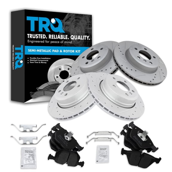 TRQ Front and Rear Performance Brake Pad & Rotor Kit Brake Pads Brake Rotors Set Semi-Metallic Premium G-Coated Fits Select 2004-2010 BMW X3