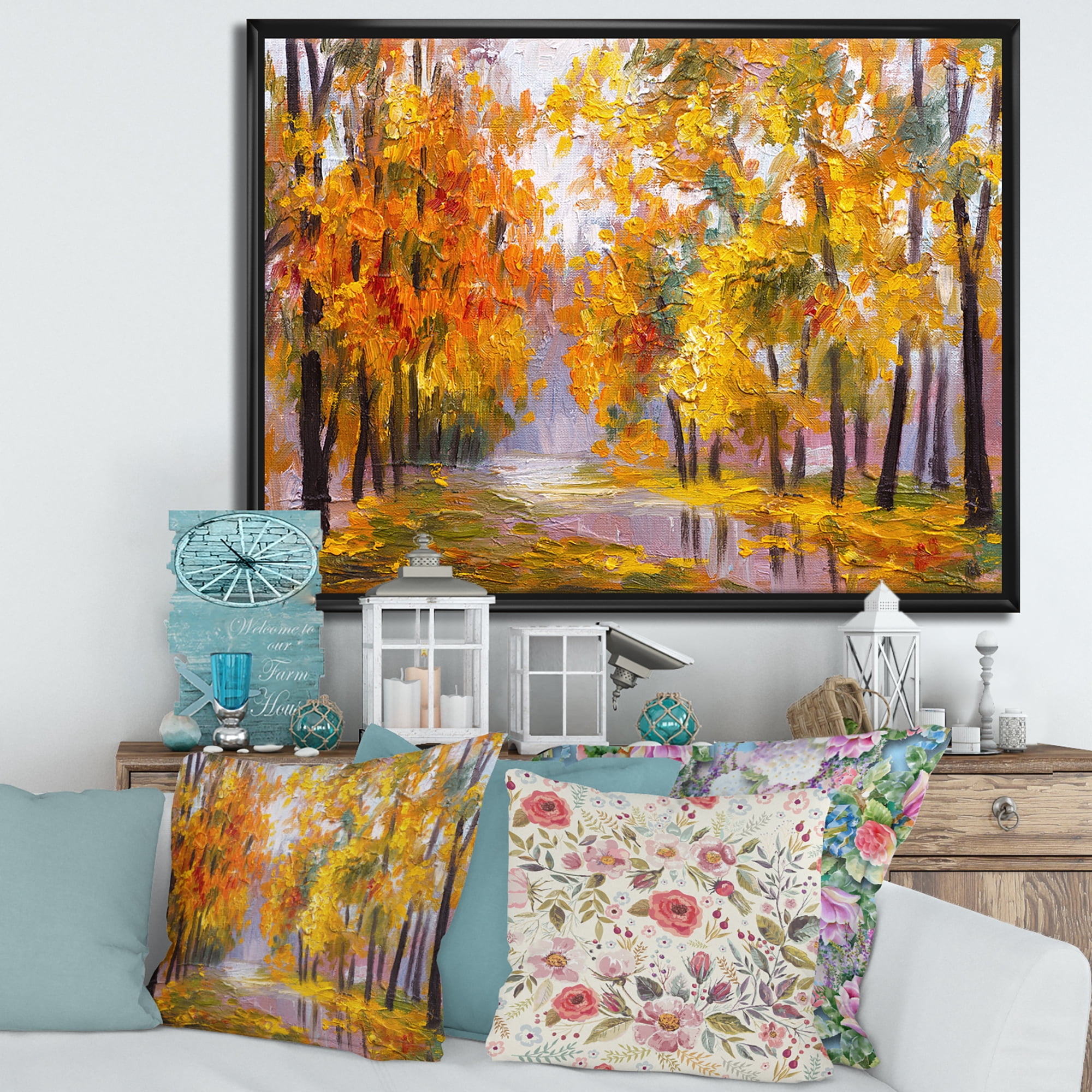 Designart 'Forest Full Of Fallen Leaves In Autumn Along River' Lake House Framed Canvas Wall Art Print