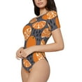 thumbnail image 2 of KLL Women 's Crew Neck Bodysuit Jumpsuits Various Oranges Print Short onesies Stretch T Shirts, 2 of 7