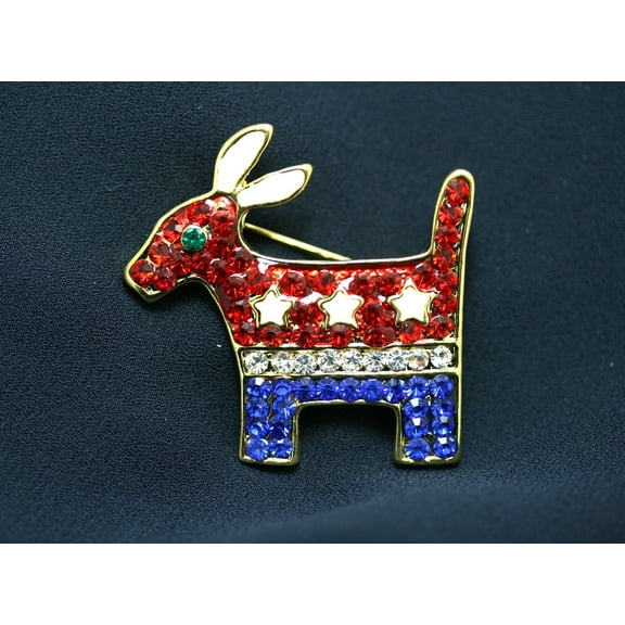 Democratic Party Symbol Patriotic Blue Red Rhinestone Pave Donkey Brooch Pin