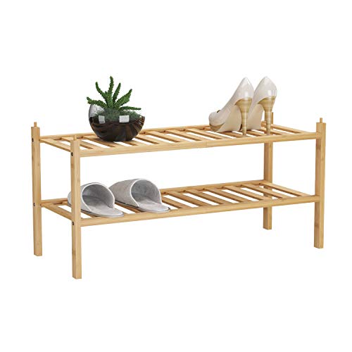 BAMFOX 2Tier Shoe Rack,Bamboo Stackable Shoe Storage Organizer Unit