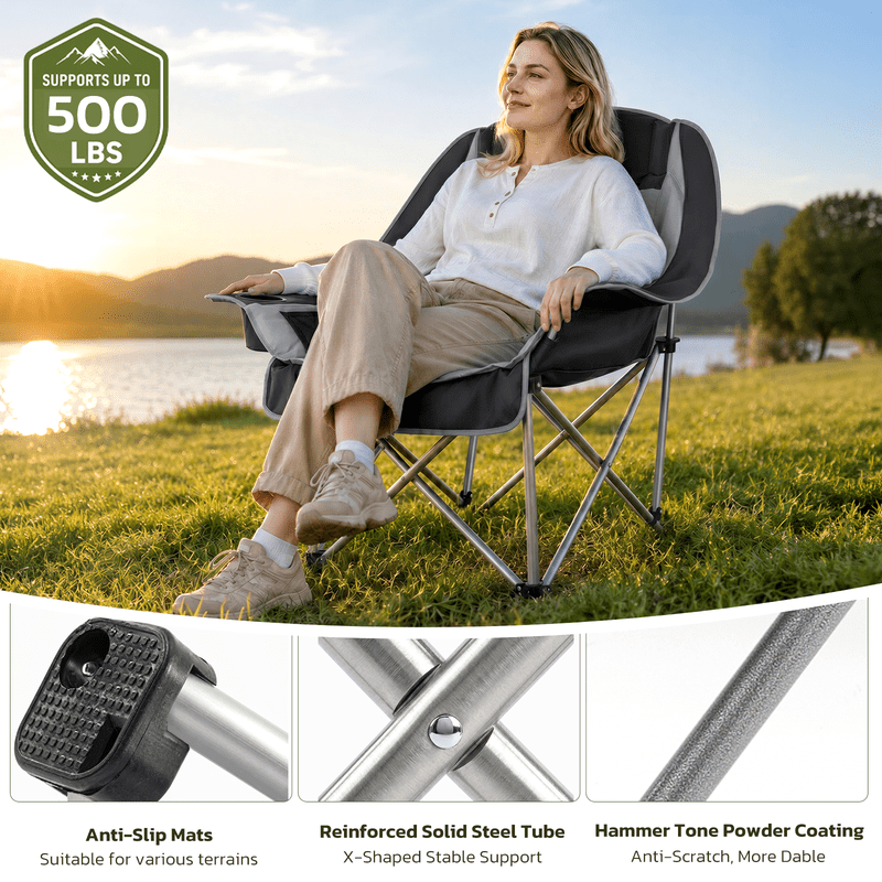 Simple Deluxe Extra Oversized Outdoor Foldable Camping Chair, with Cup Holder and Carrying Bag, Camping Chair with 500lbs Capacity and Sturdy Material, Suitable for Beaches, Hiking and Camping, Gray