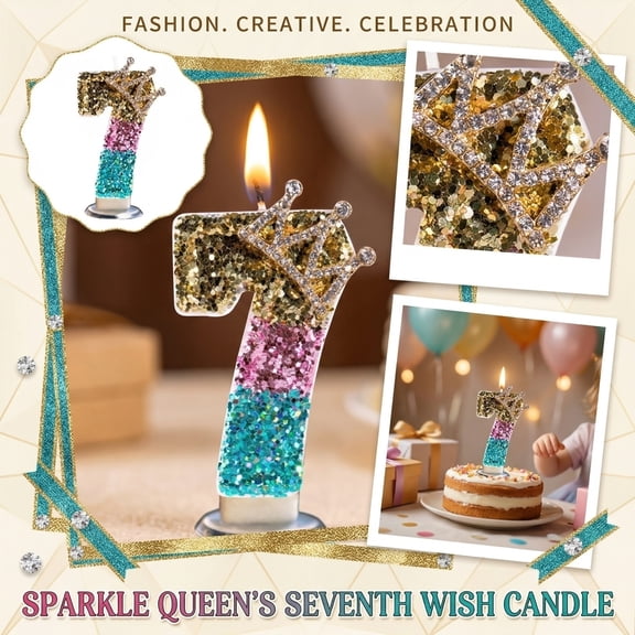 Glitter Number 7 Birthday Candle with Crown Topper Color Block Cake Topper for 7Th Birthday Party for Girls